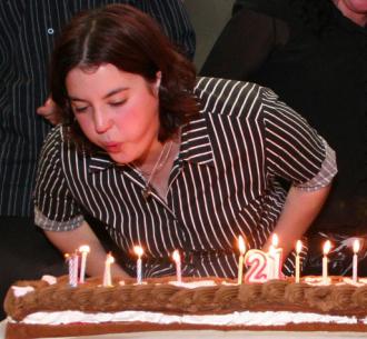 Debbie Jordan blowing out her candles