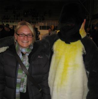 Daria Korobanova with Ryan Hellyer in a penguin suit